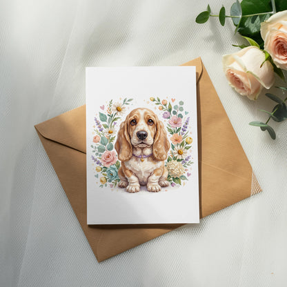 Basset Hound puppy sits on an envelope surrounded by flowers.
