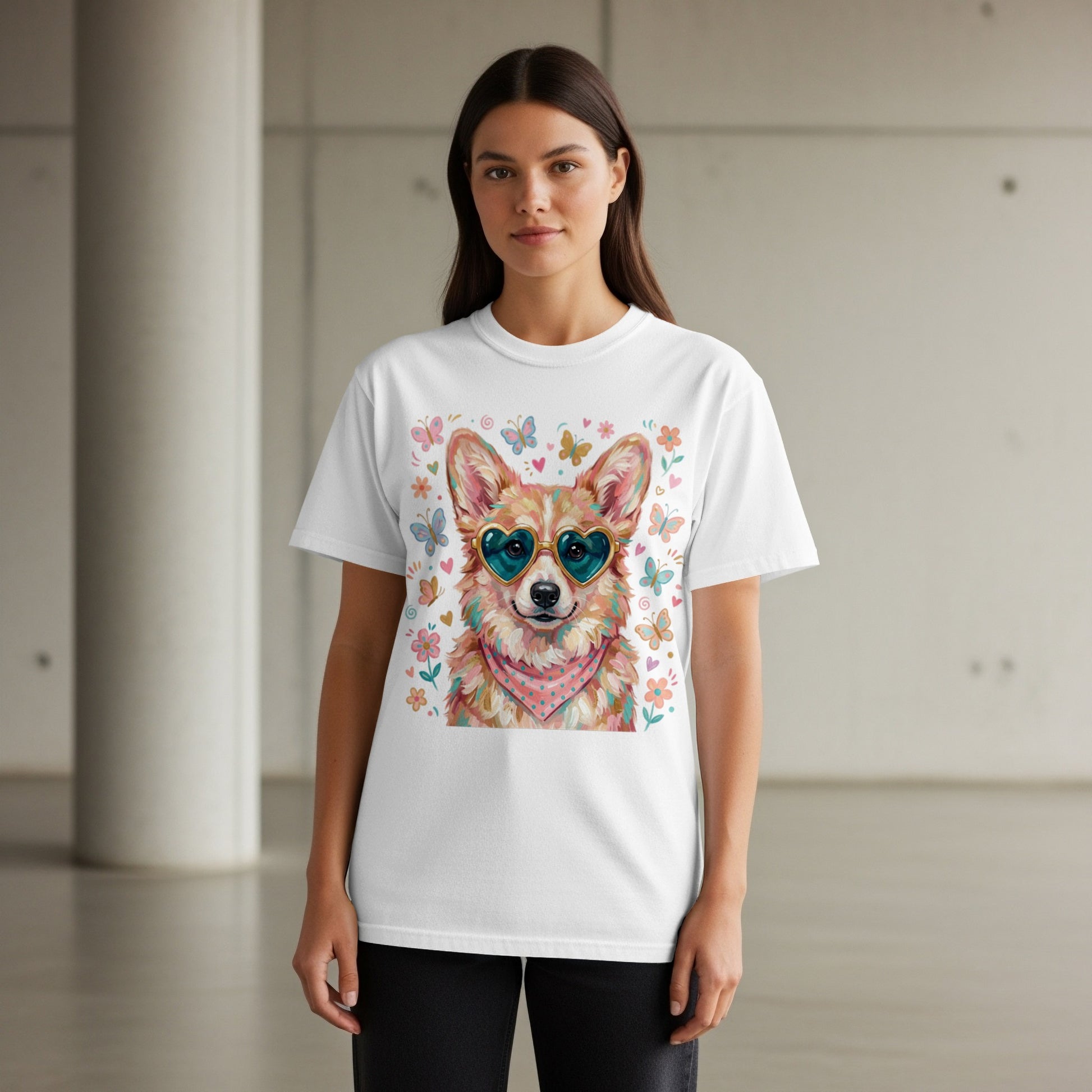 White t-shirt with a corgi wearing heart sunglasses and a bandana.