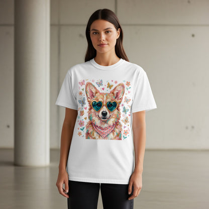 White t-shirt with a corgi wearing heart sunglasses and a bandana.