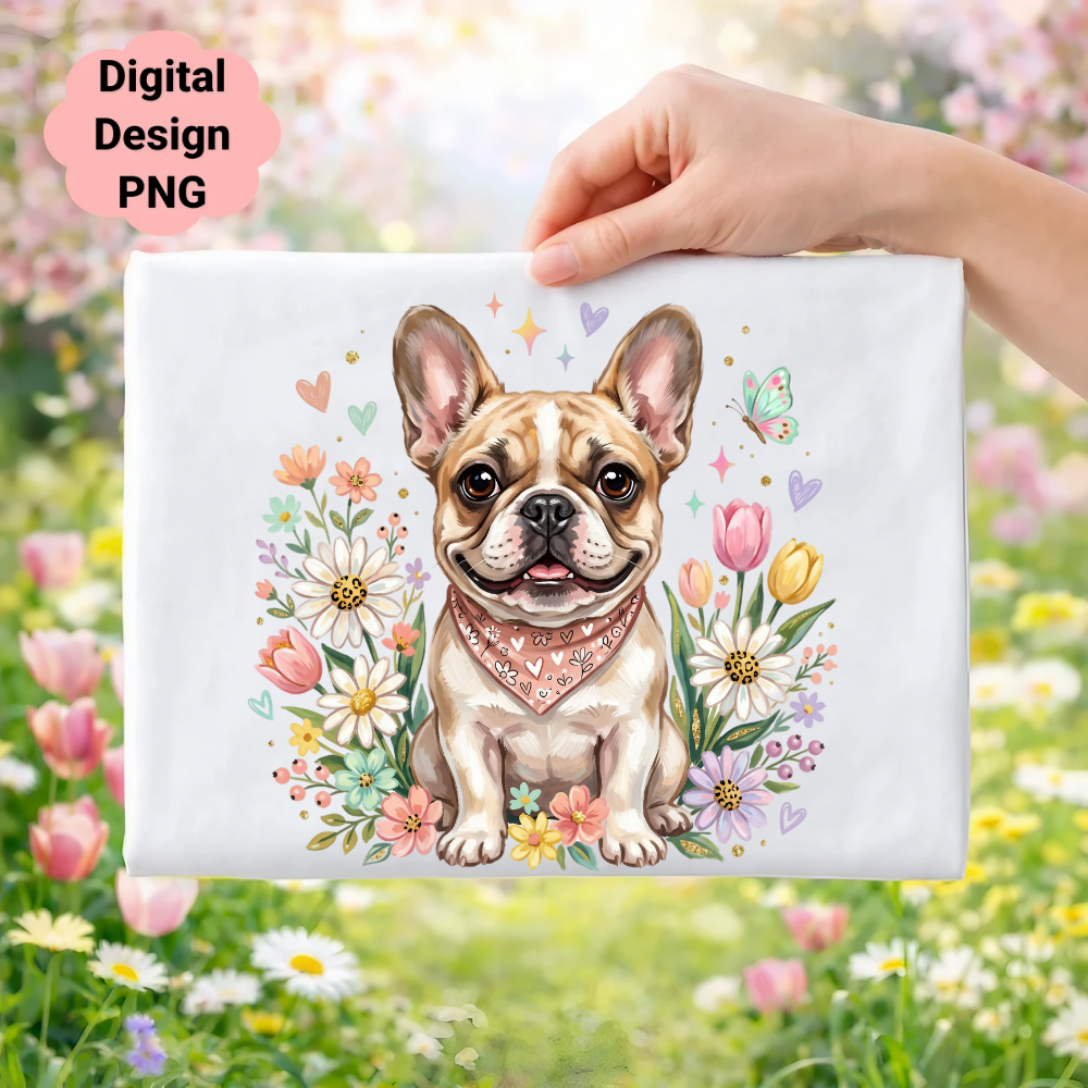 French bulldog with flowers and butterfly, digital design PNG.