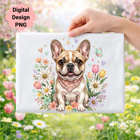 French bulldog with flowers and butterfly, digital design PNG.