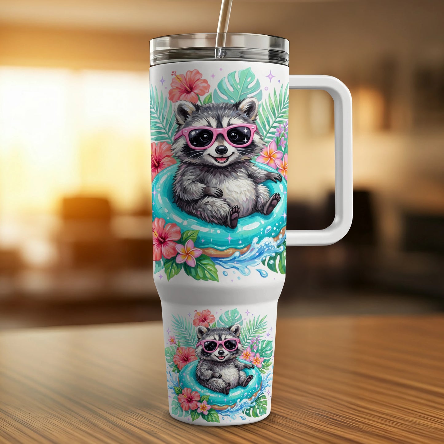 Travel tumbler with sunglasses-wearing raccoons floating in inner tubes, surrounded by tropical flowers.
