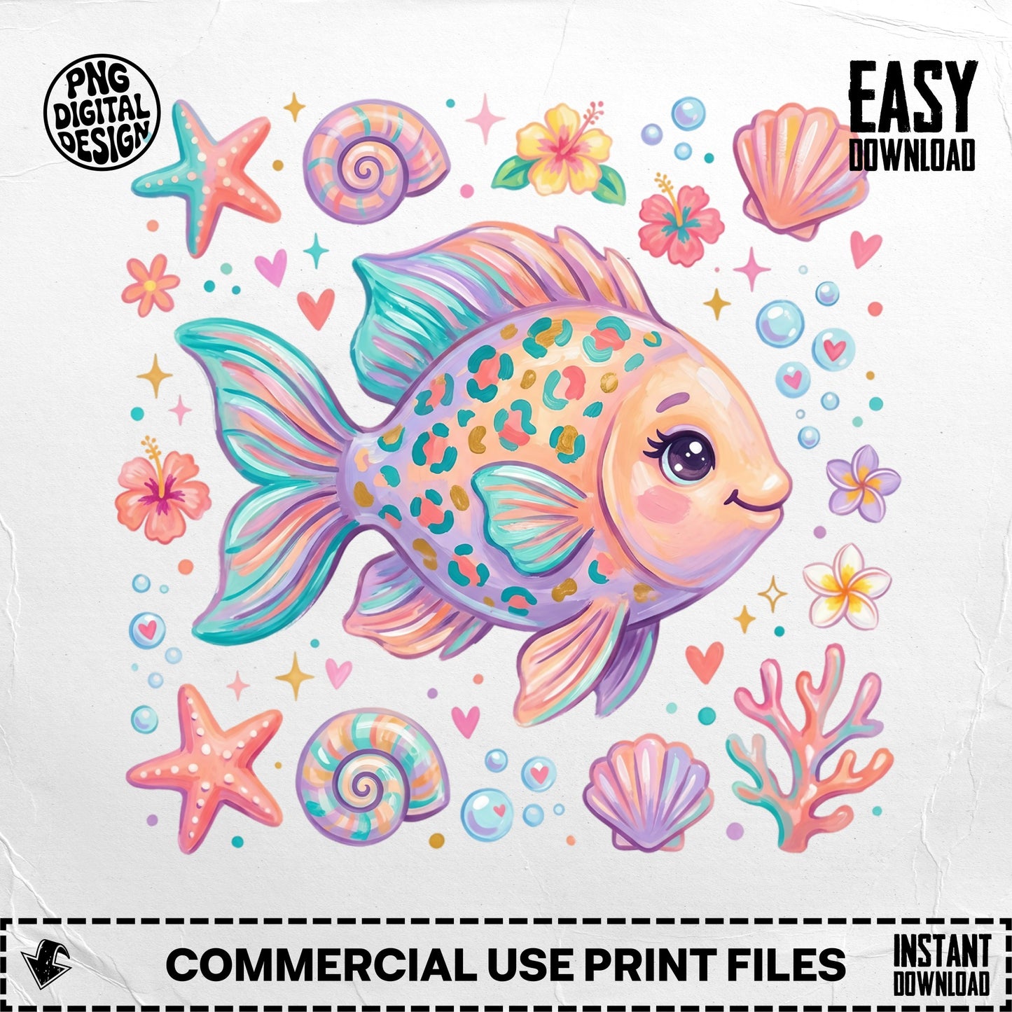 Cute cartoon fish with starfish, seashells, coral, and flowers.