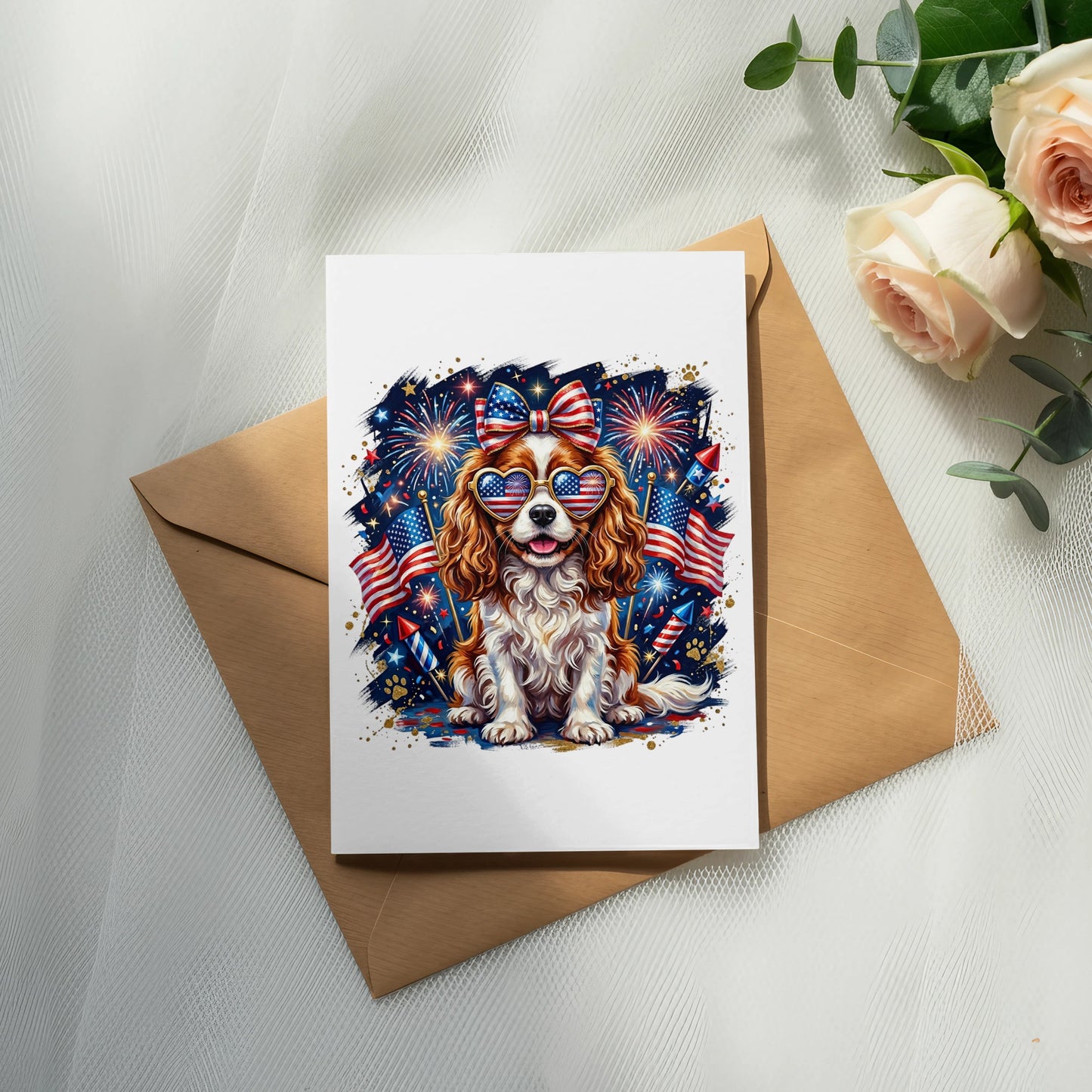 Cavalier King Charles Spaniel wearing sunglasses and bow, surrounded by fireworks and American flags.