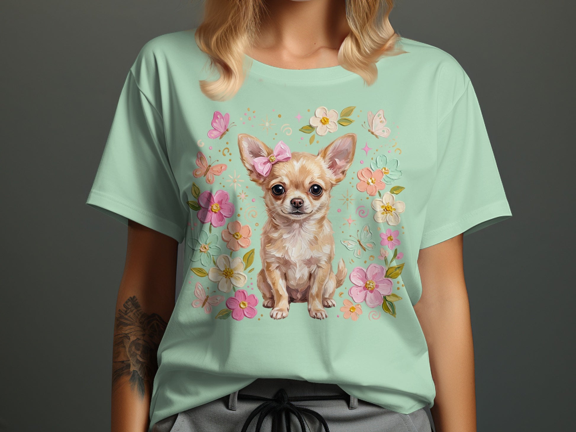 Light mint t-shirt with a chihuahua surrounded by flowers and butterflies.