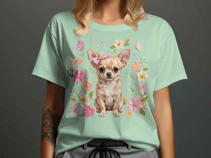 Light mint t-shirt with a chihuahua surrounded by flowers and butterflies.
