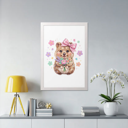 Cute quokka holding a bouquet of flowers with a pink bow.