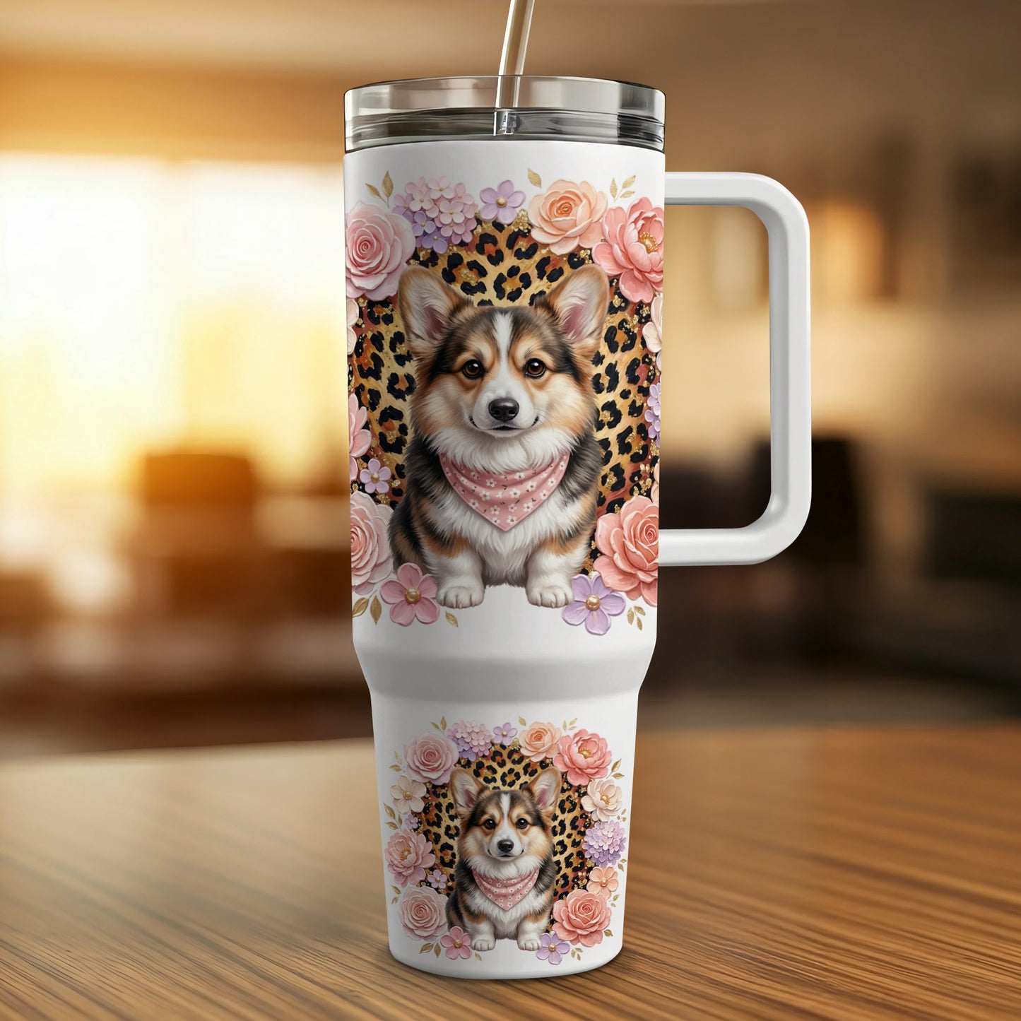 White tumbler with corgi, leopard print, and floral accents.