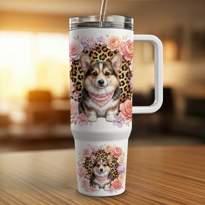White tumbler with corgi, leopard print, and floral accents.