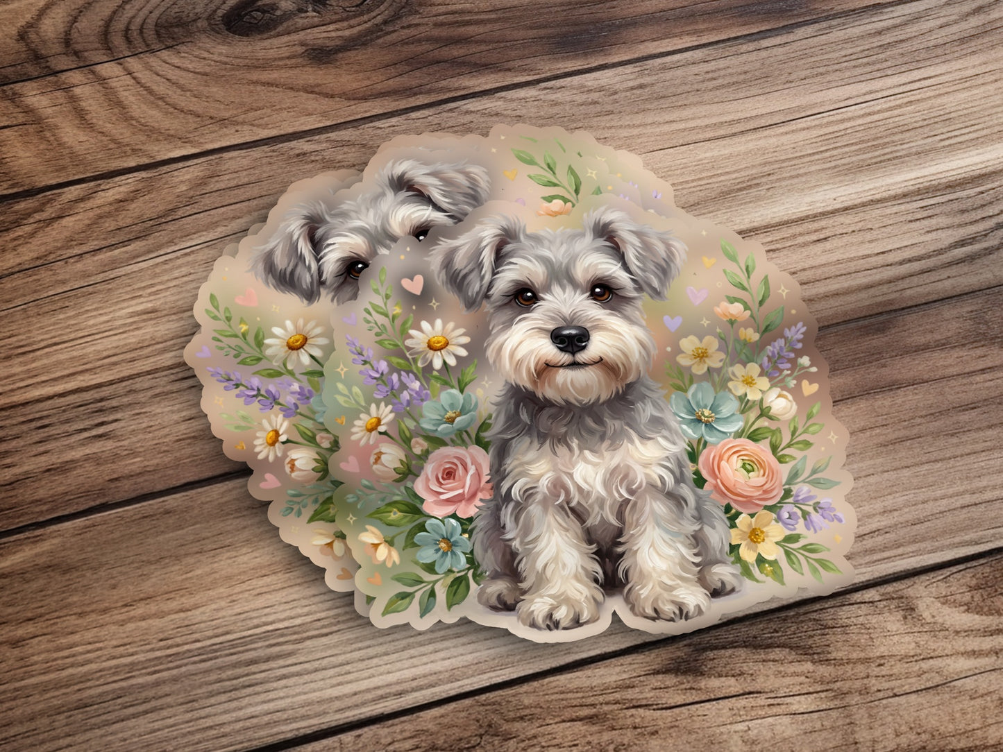 Miniature schnauzer and flowers on wood grain background.