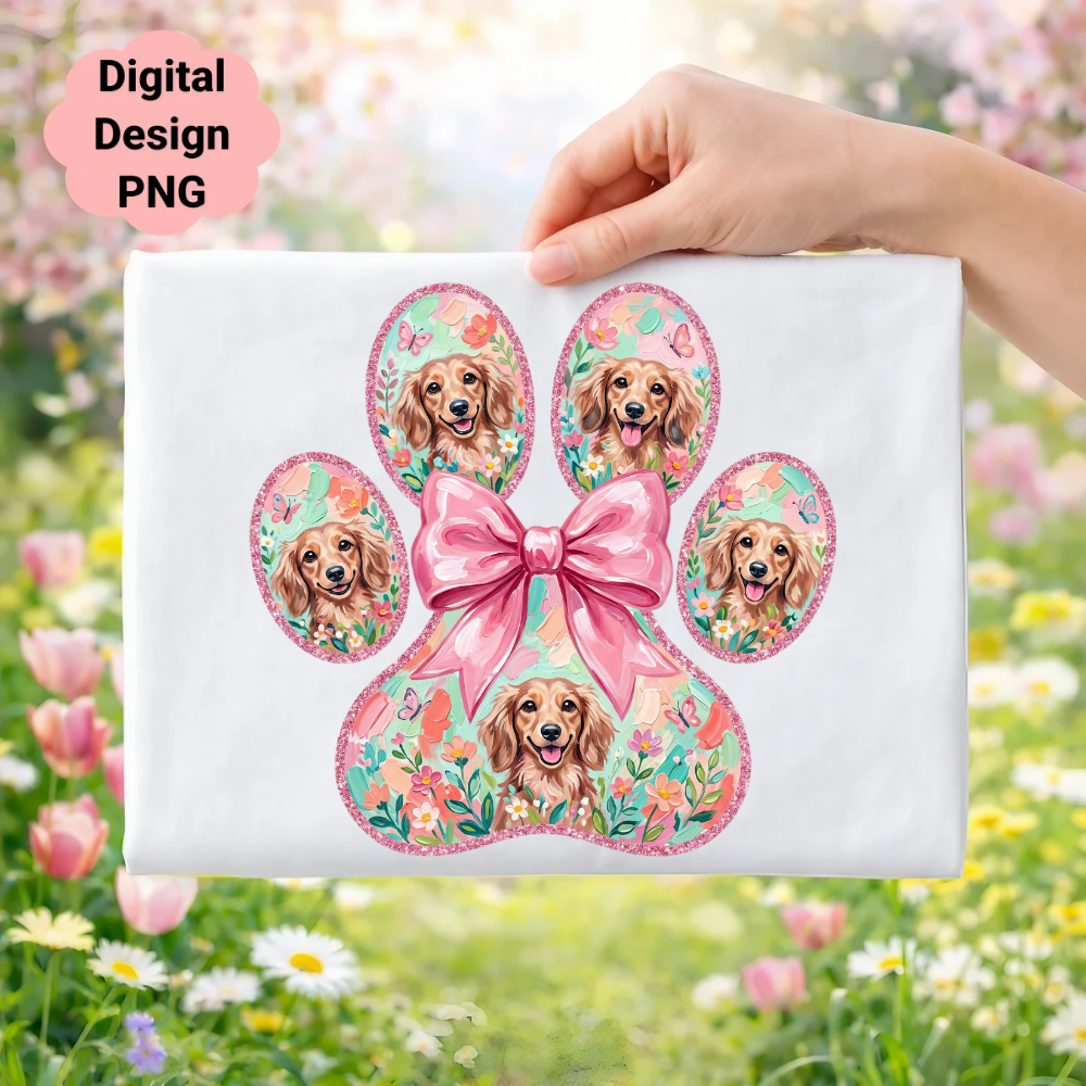 Dachshund paw print with bow and butterflies, pink text "Digital Design PNG".