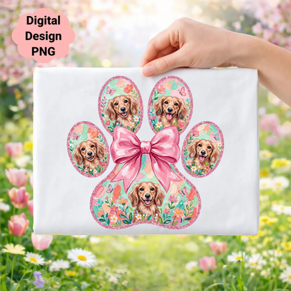 Dachshund paw print with bow and butterflies, pink text "Digital Design PNG".