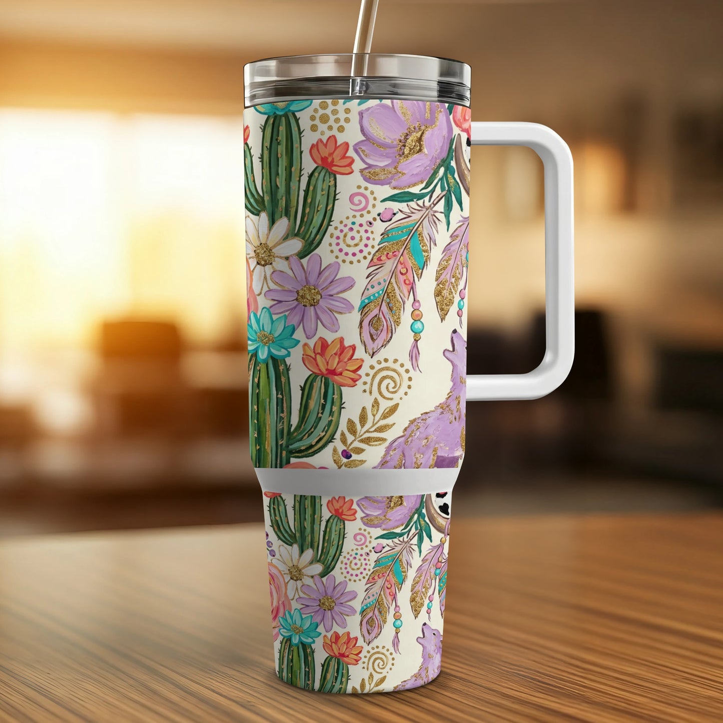 Floral and cactus patterned tumbler with handle and straw.