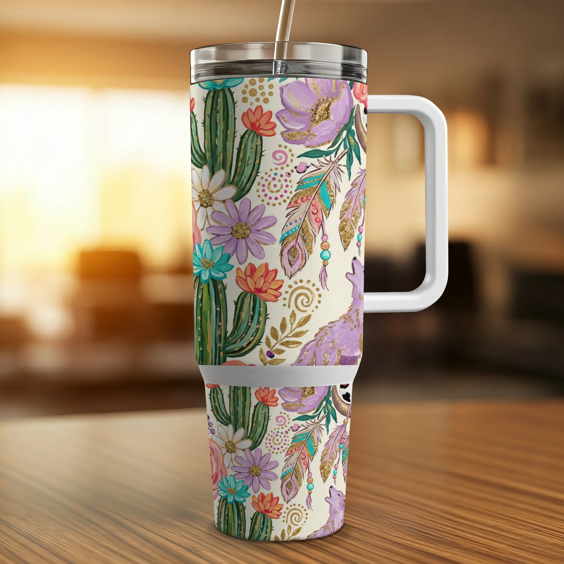 Floral and cactus patterned tumbler with handle and straw.