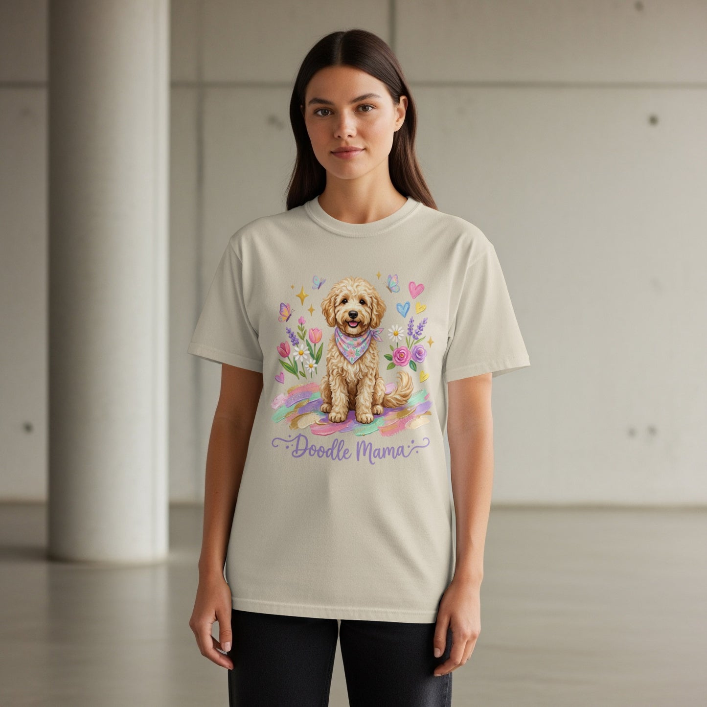 Doodle Mama t-shirt with a cute doodle dog and floral pattern.
