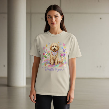 Doodle Mama t-shirt with a cute doodle dog and floral pattern.