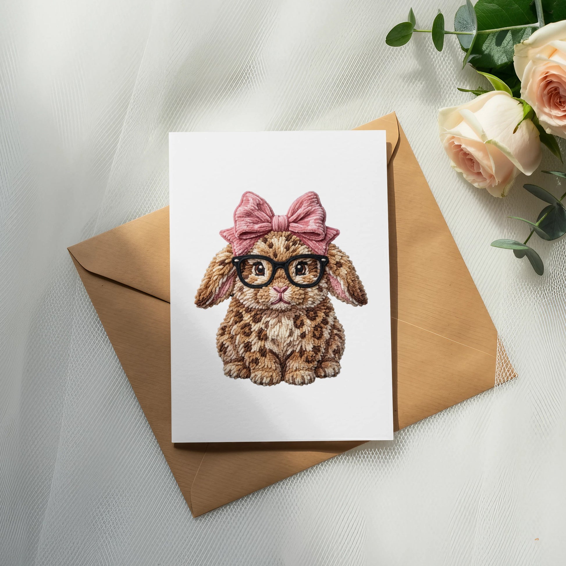 Greeting card with a cartoon leopard-print bunny wearing glasses and a pink bow.