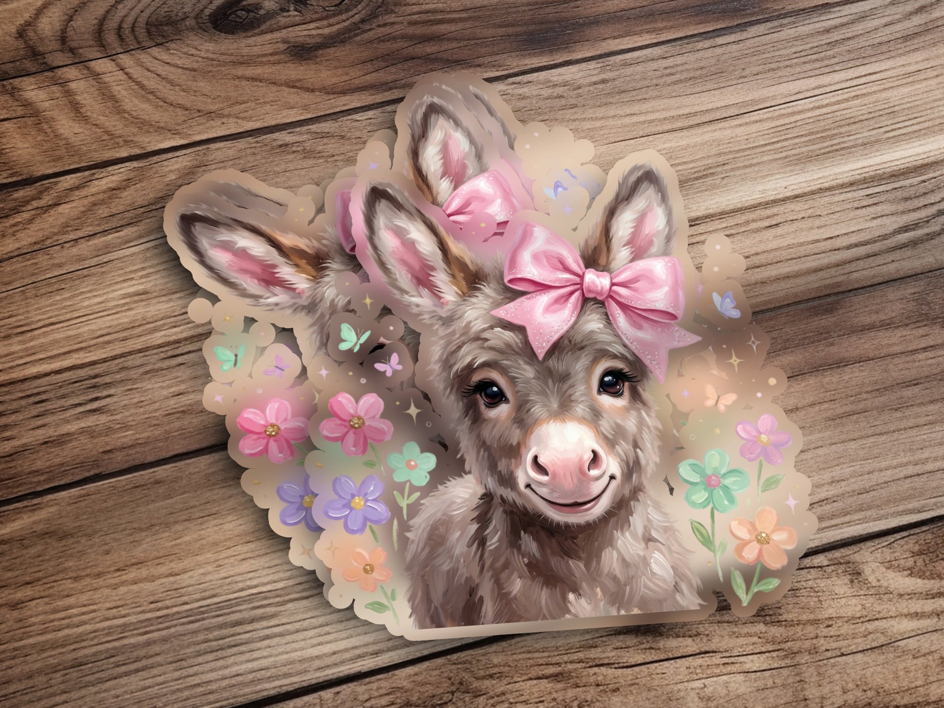 Donkey sticker with pink bow and colorful flowers on wood background.