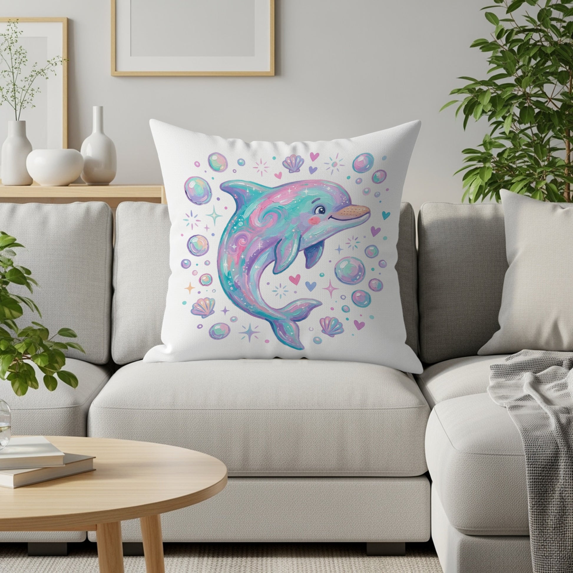 Illustration of a colorful dolphin with bubbles, shells, and hearts on a white pillow.