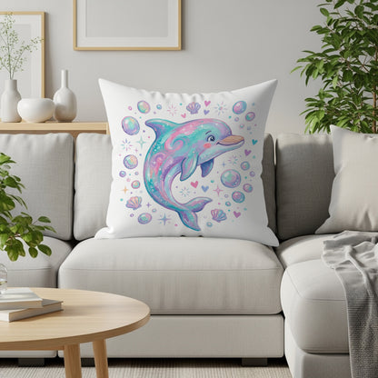 Illustration of a colorful dolphin with bubbles, shells, and hearts on a white pillow.