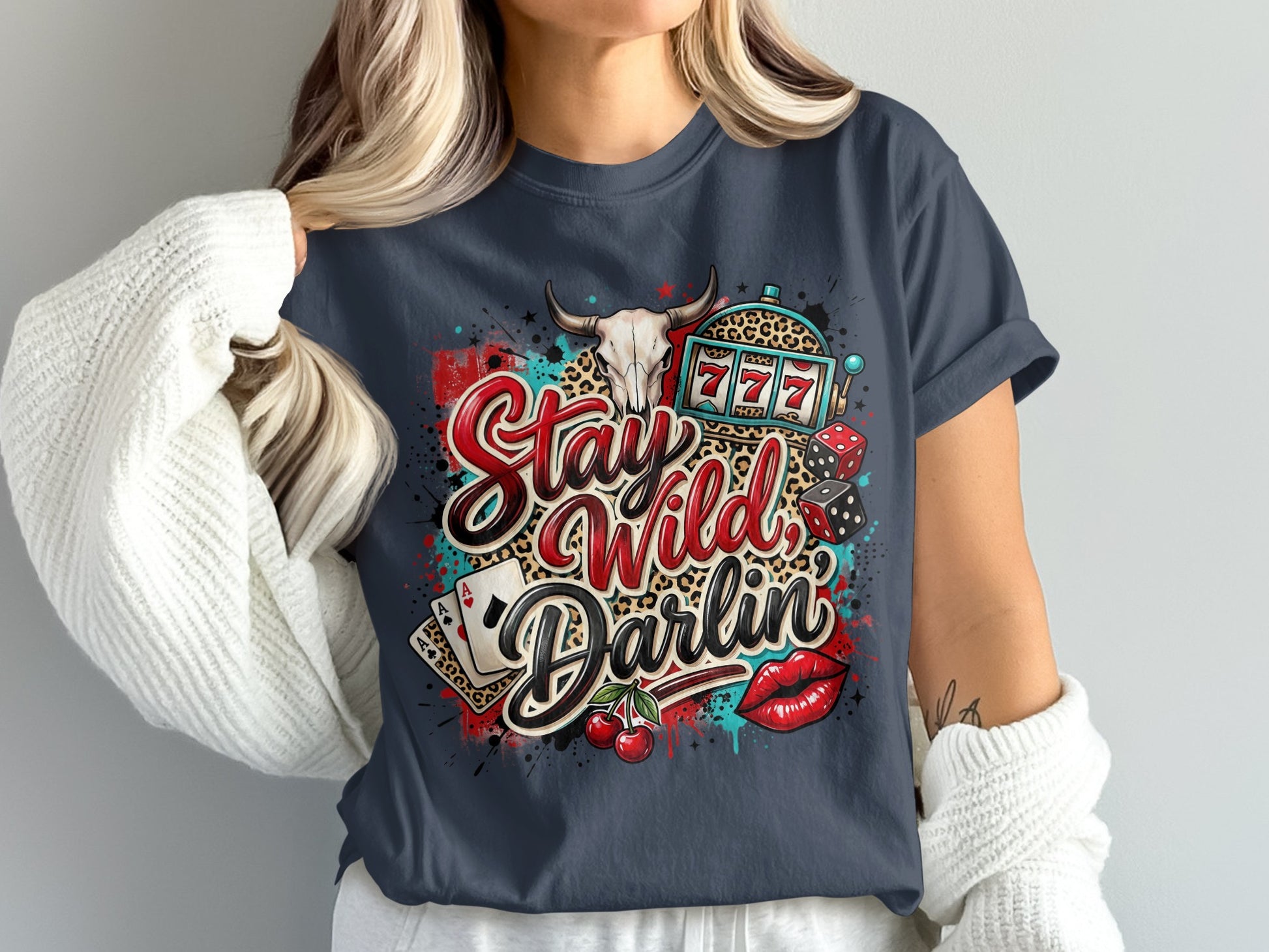 T-shirt with "Stay Wild Darlin'" text, casino elements, and leopard print.
