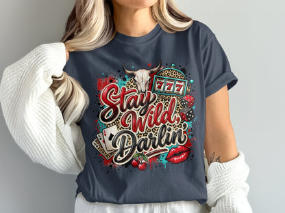 T-shirt with "Stay Wild Darlin'" text, casino elements, and leopard print.