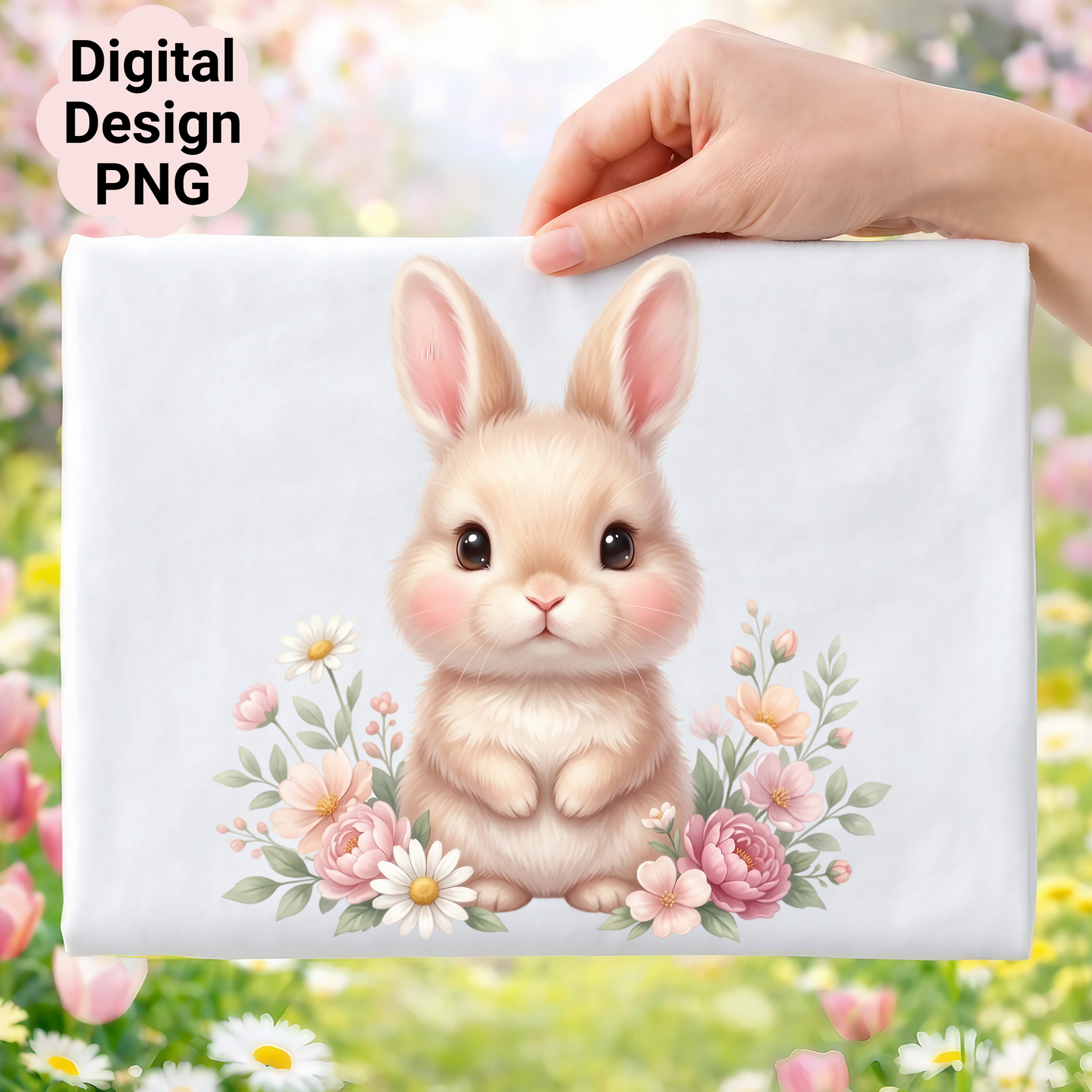 Watercolor illustration of a fluffy bunny surrounded by flowers.
