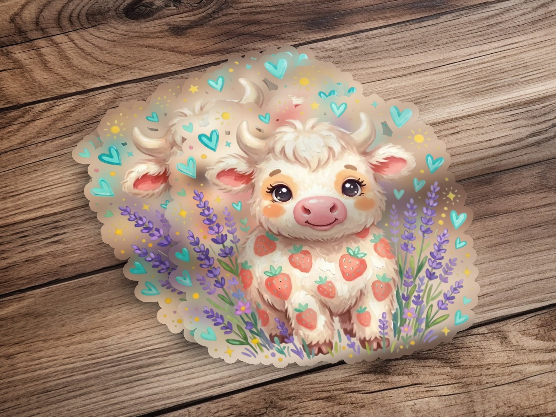 Cute strawberry cow sticker with lavender on a wooden background.