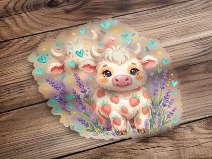 Cute strawberry cow sticker with lavender on a wooden background.