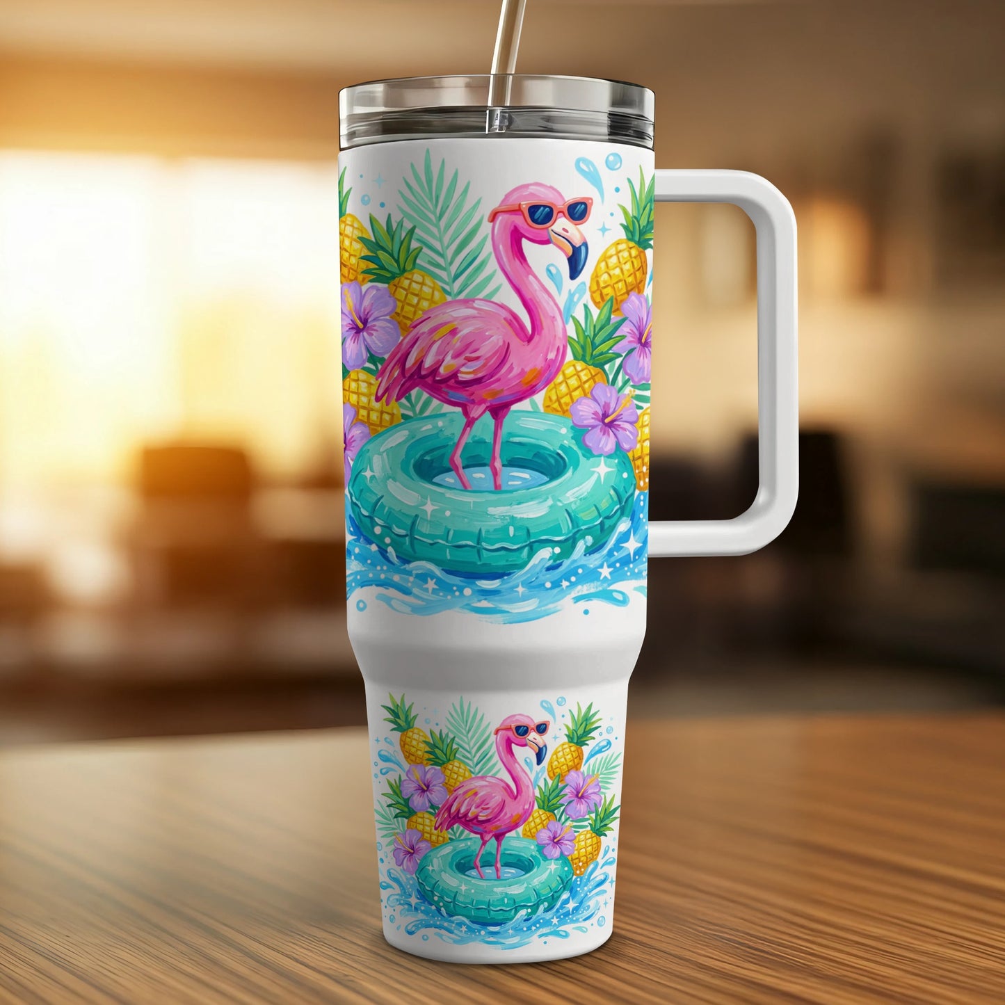 Pink flamingo on a teal inner tube with sunglasses and tropical flowers.