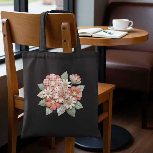Black tote bag with a floral design featuring pastel checkered and patterned flowers.