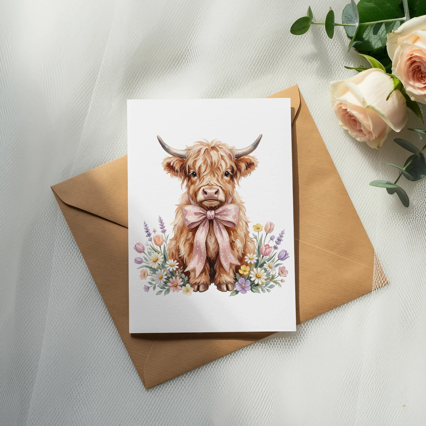 Watercolor illustration of a Highland cow wearing a pink bow, surrounded by flowers on a card.