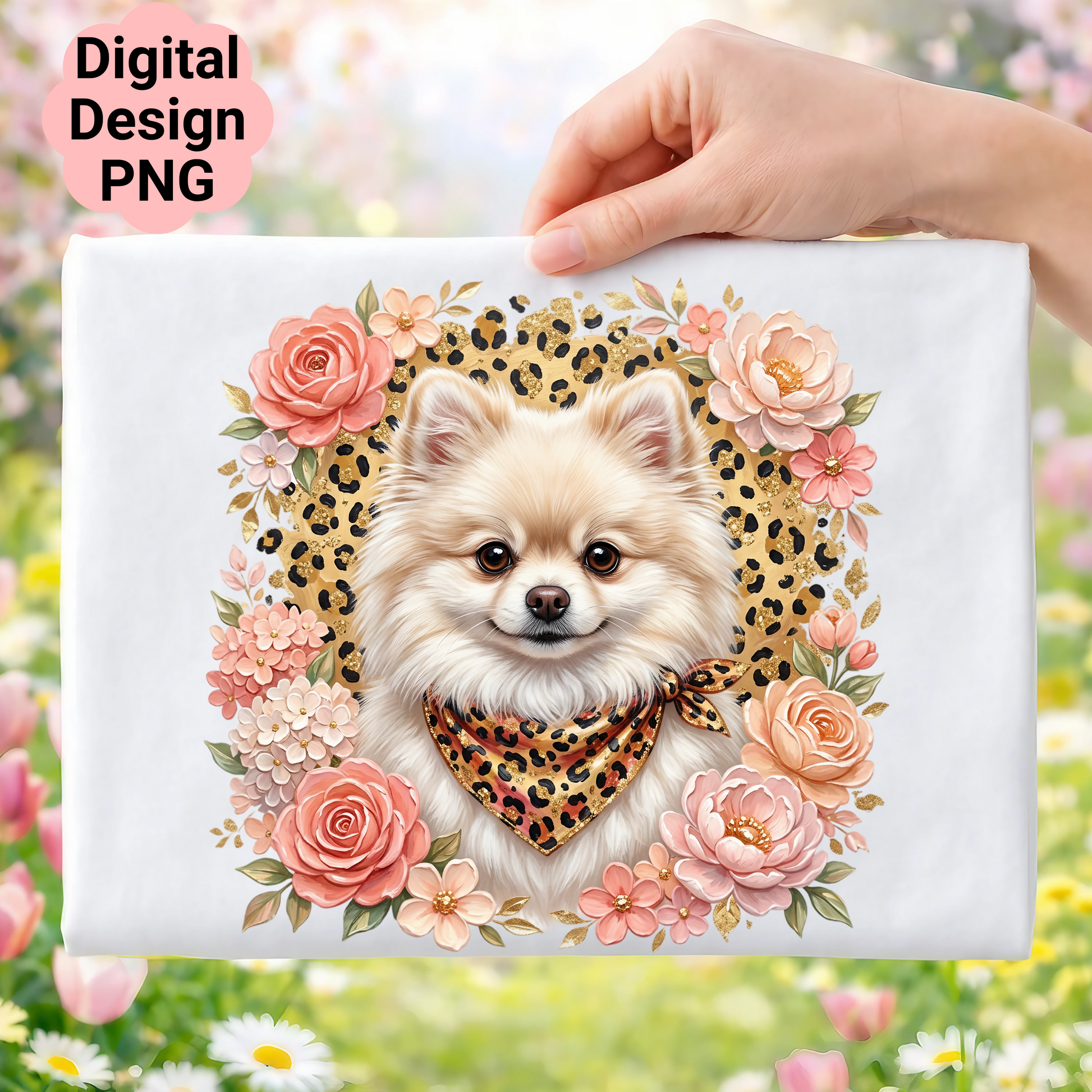 Pomeranian dog with bandana surrounded by flowers and leopard print.
