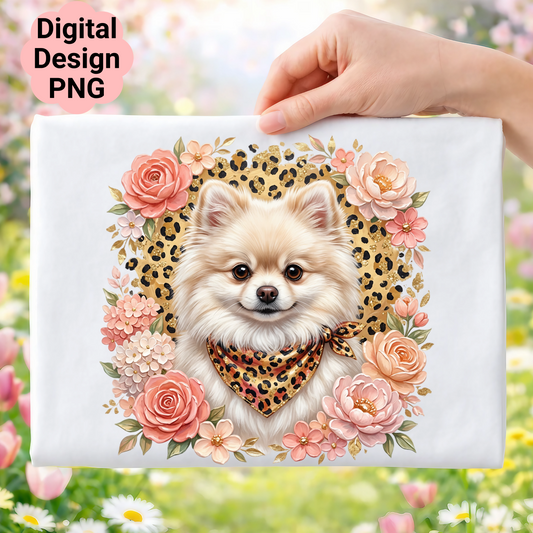 Pomeranian dog with bandana surrounded by flowers and leopard print.