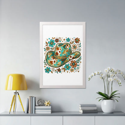 White framed artwork featuring a colorful, ornate cowboy hat with floral accents.