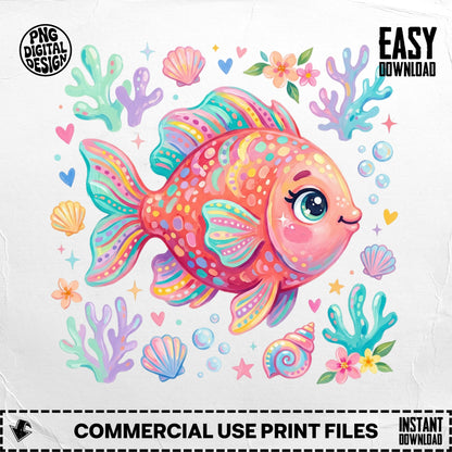 Cartoon fish with colorful scales, seashells, and coral.