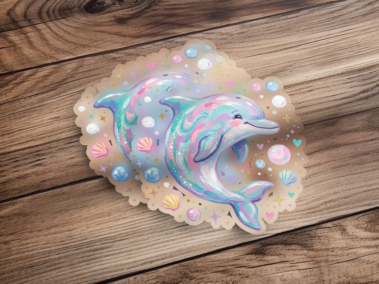 Two iridescent dolphins swimming with seashells and bubbles.