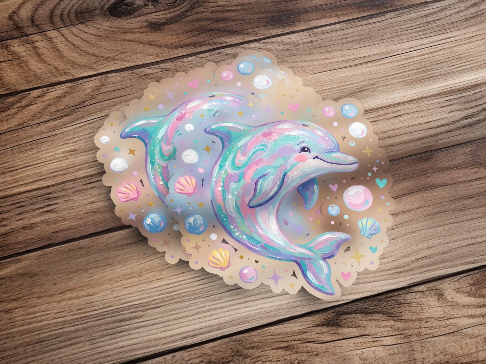 Two iridescent dolphins swimming with seashells and bubbles.
