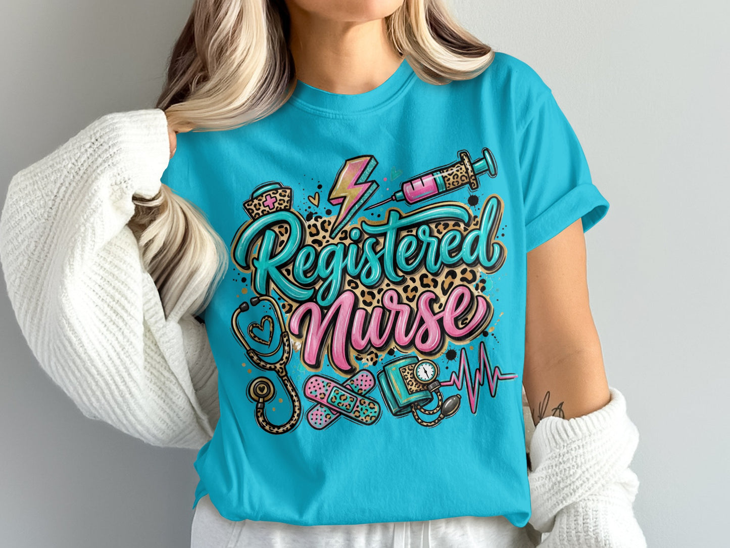 Registered Nurse text with stethoscope, syringe, heart monitor, and bandages.