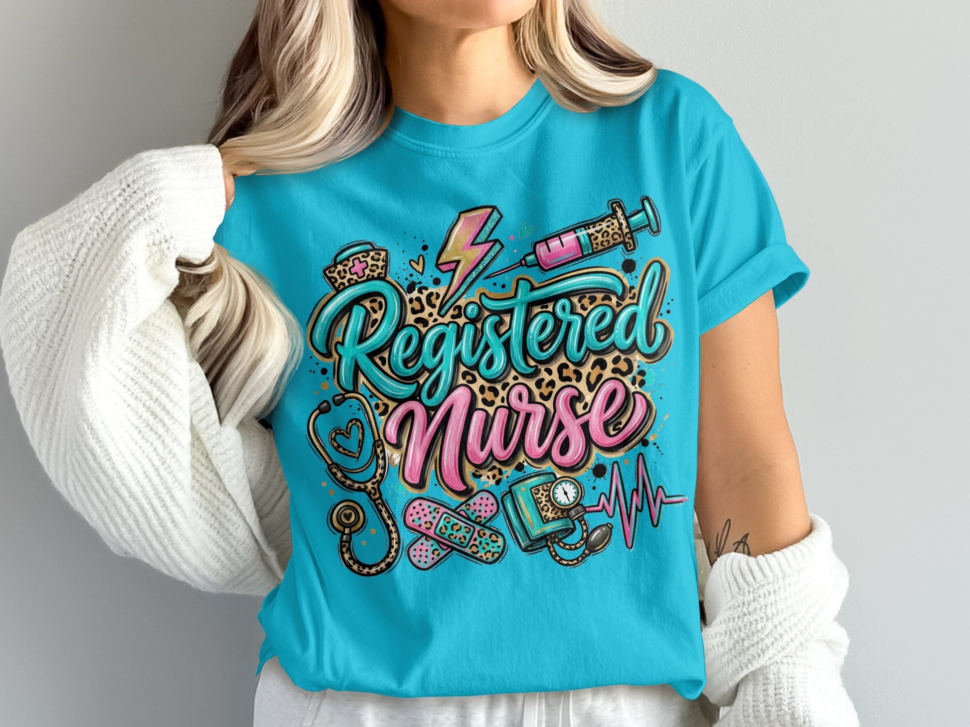 Registered Nurse text with stethoscope, syringe, heart monitor, and bandages.