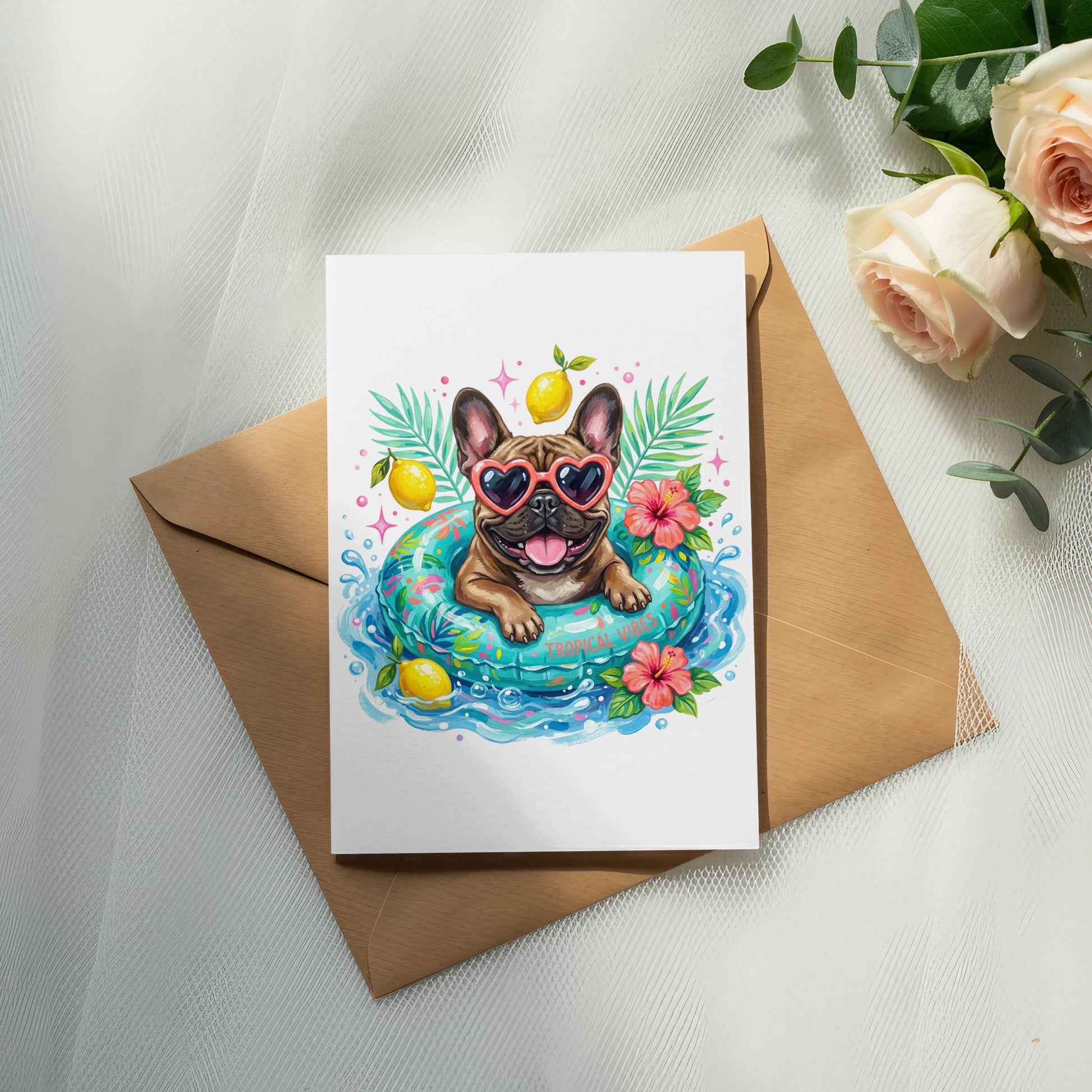 French bulldog in a pool float wearing heart sunglasses.