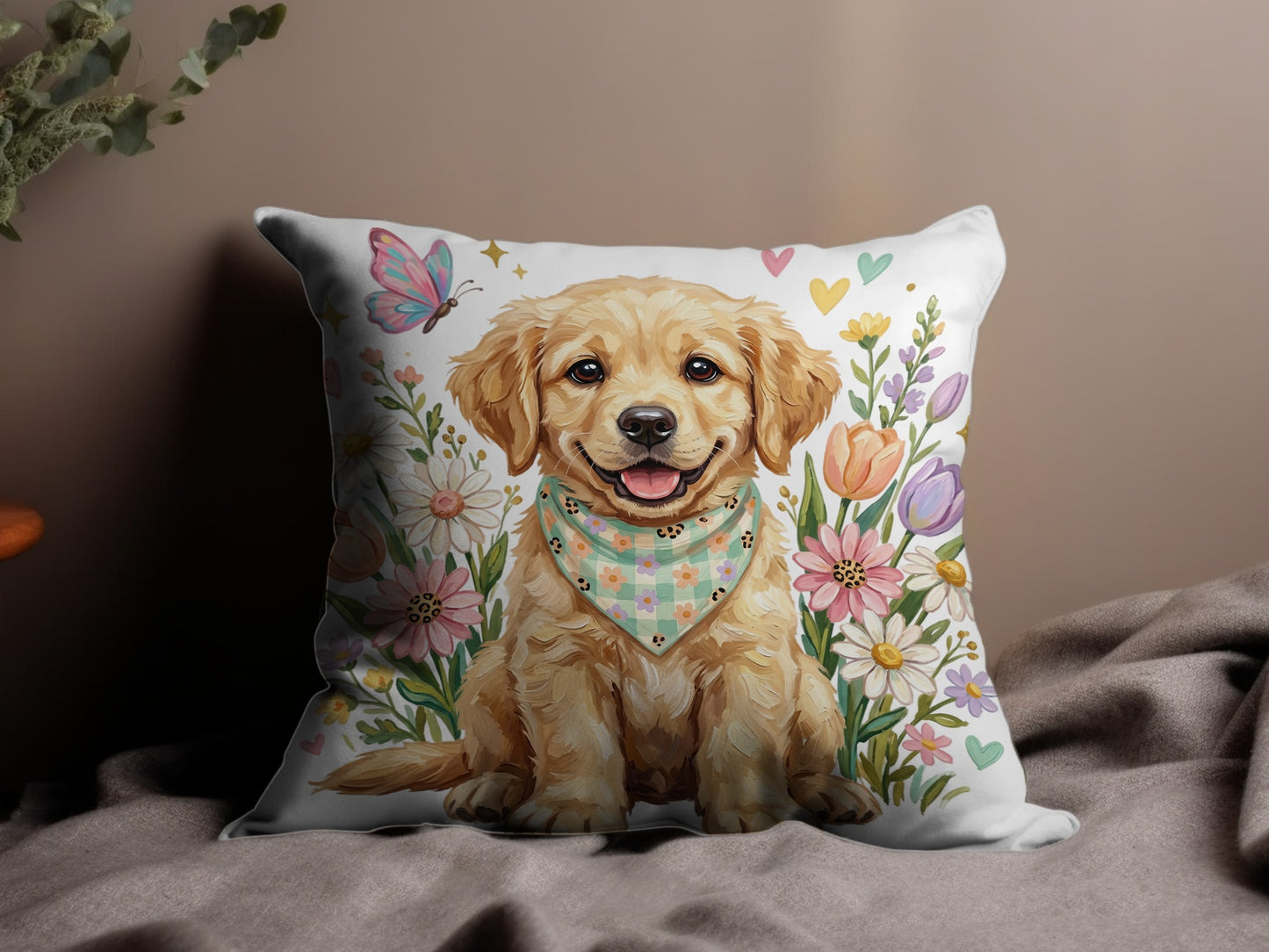 Golden Retriever puppy in a bandana surrounded by flowers and hearts.