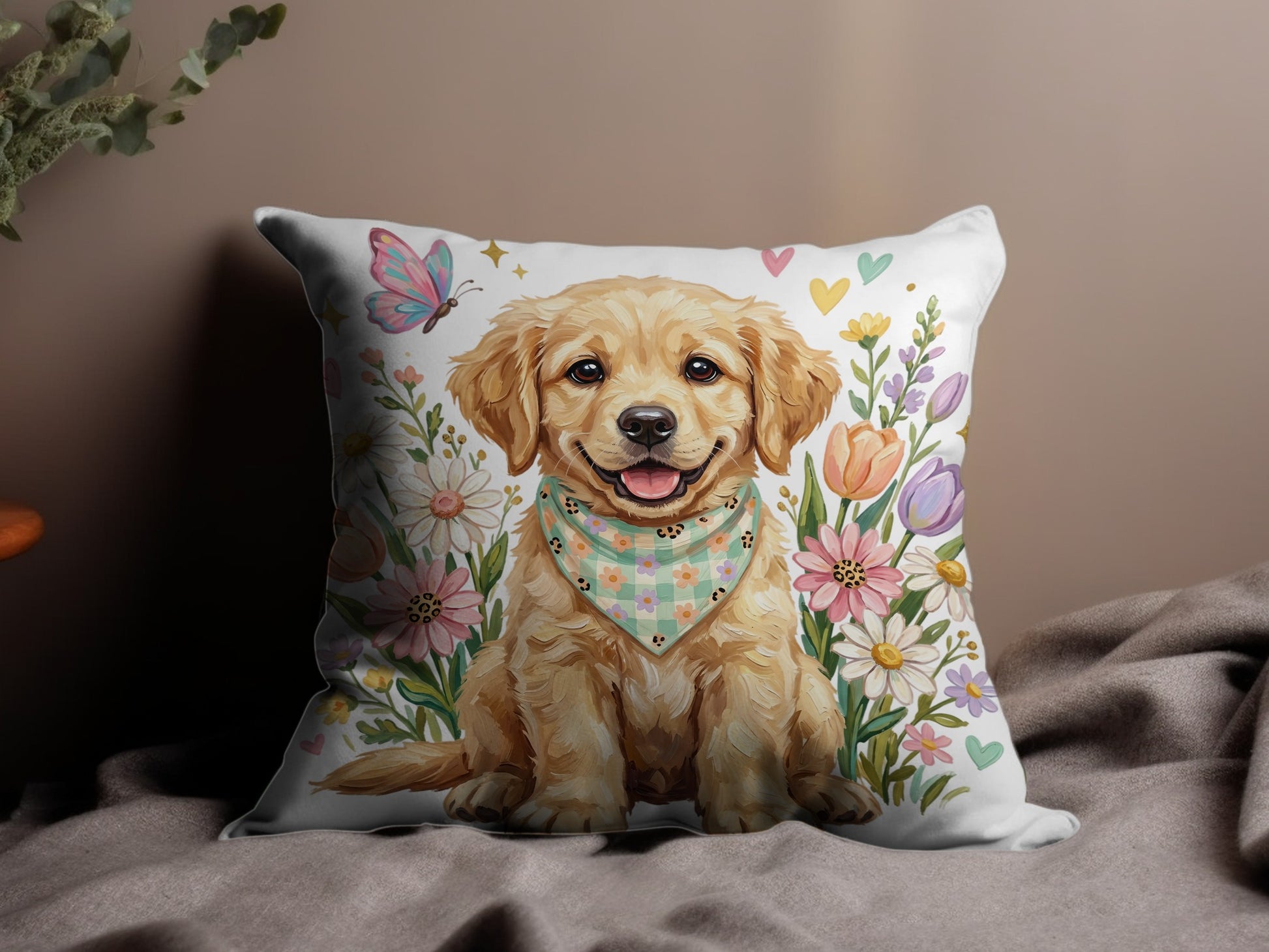 Golden Retriever puppy in a bandana surrounded by flowers and hearts.