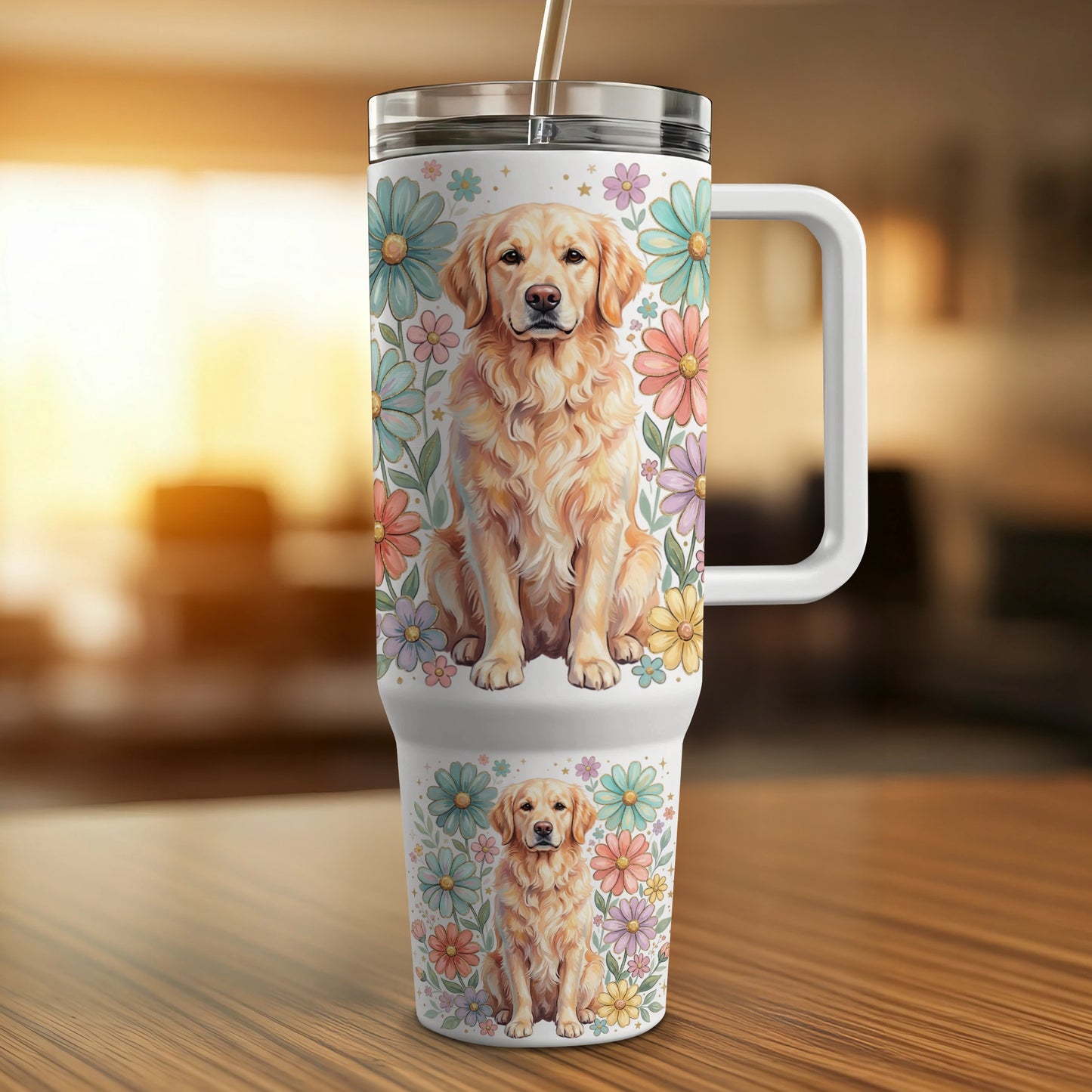 Golden retriever on tumbler with floral pattern.