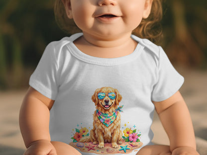 Baby wearing white onesie with cartoon golden retriever dog wearing sunglasses and bandana.