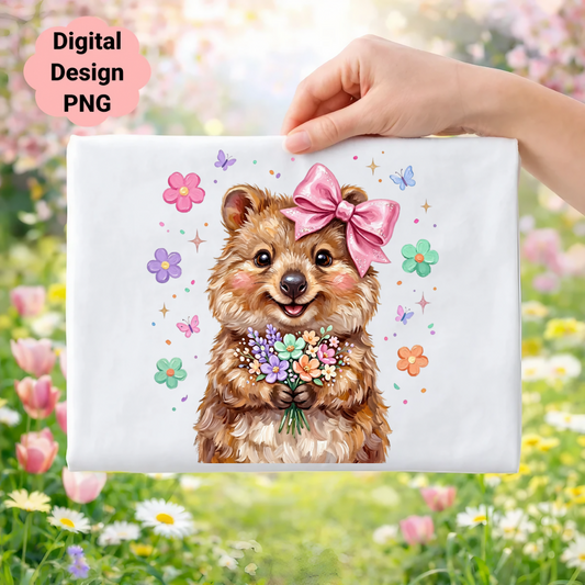 Quokka wearing a pink bow holding a bouquet of flowers.