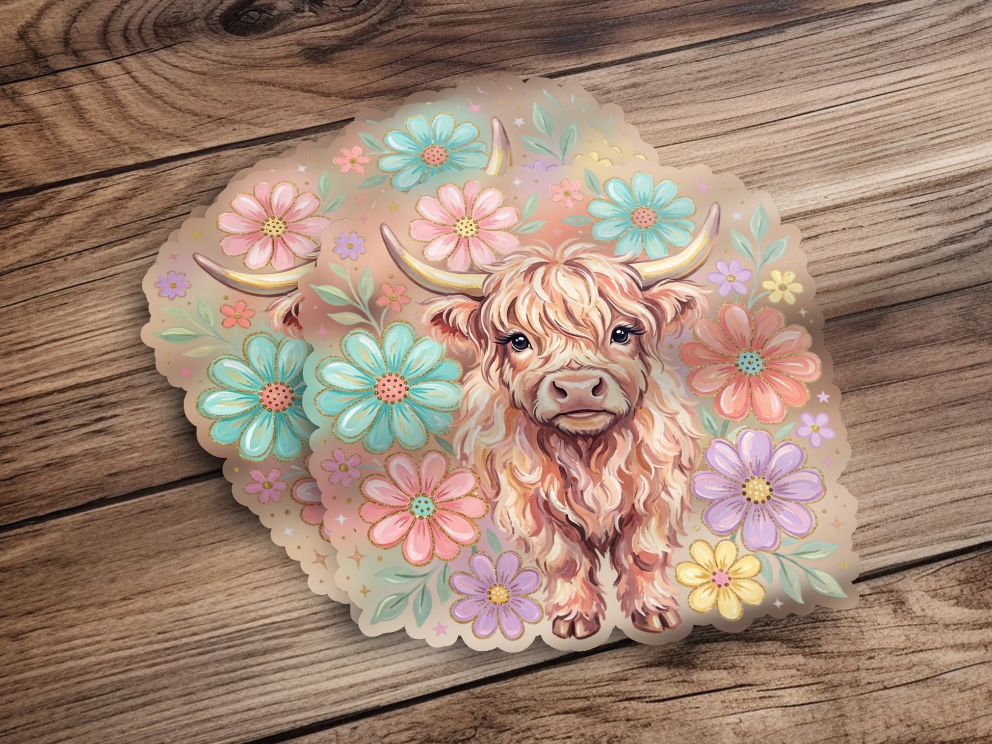 Highland cow with colorful flowers and leaves design.