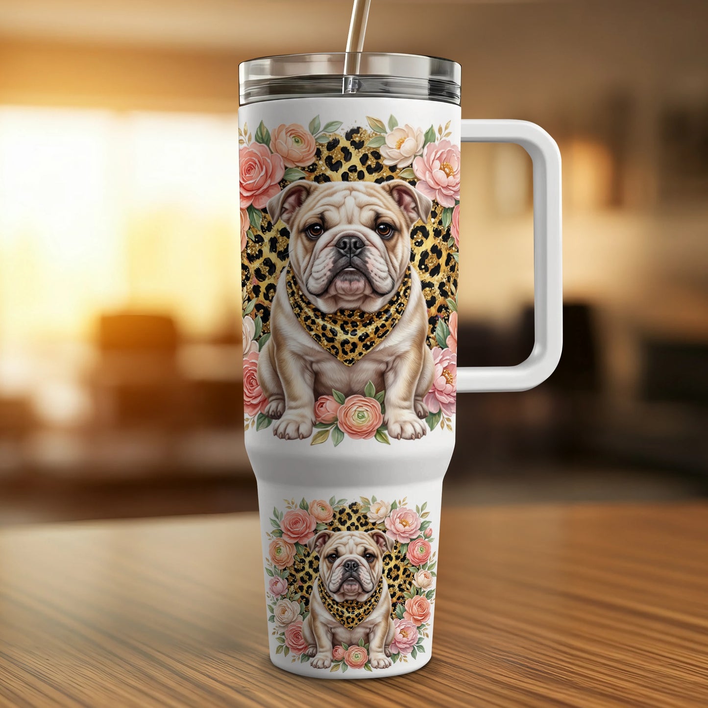 English Bulldog wearing a leopard print bandana on a floral tumbler.