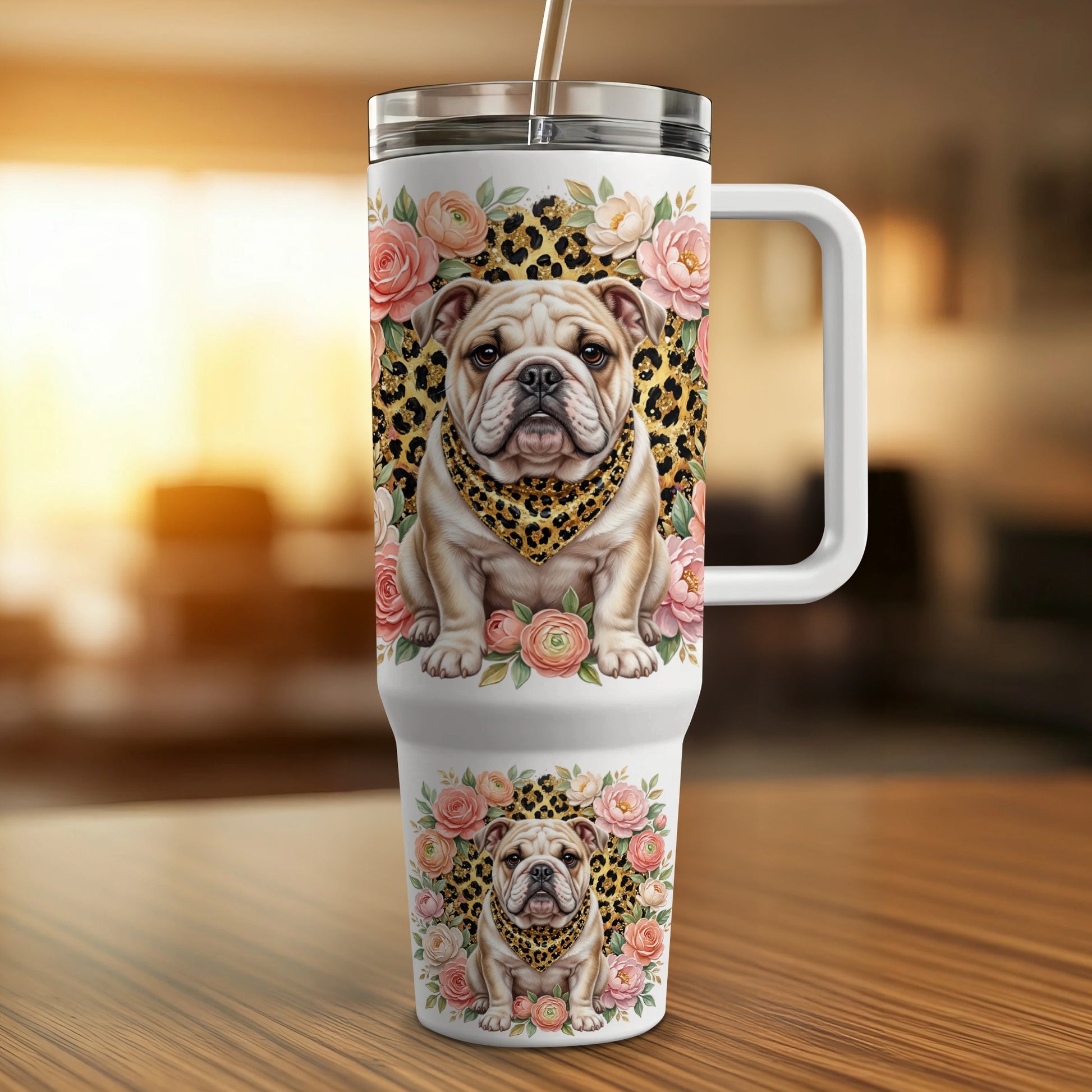 English Bulldog wearing a leopard print bandana on a floral tumbler.