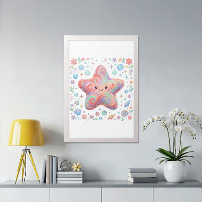 Whimsical watercolor starfish illustration surrounded by seashells and flowers.